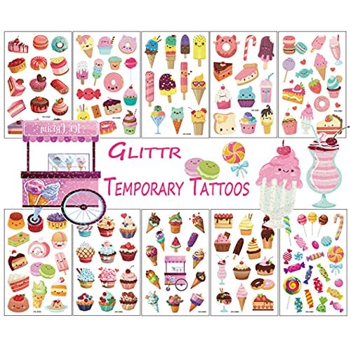 Glitter Temporary Tattoos for Kids, 141Pcs Girls Lovely Ice Cream Fake Tattoo Birthday Party Supplies Cookie Tattoo (10 Sheets) Cute Waterproof Stickers Decoration Gifts Favors Sparkly Cake