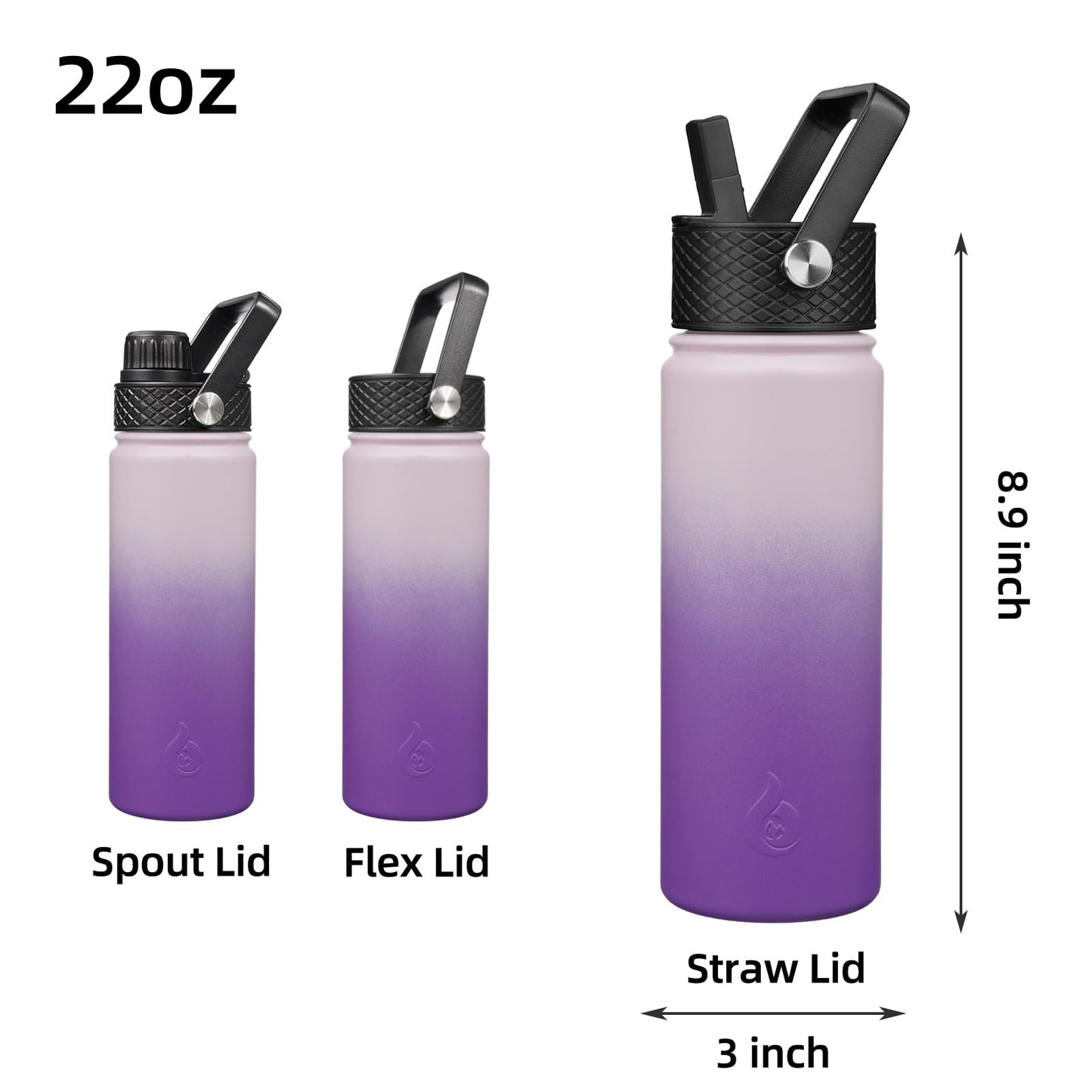 BJPKPK Insulated Water Bottles with Straw Lid, 22oz Cold & Hot Water Bottle, Stainless Steel Metal Water Bottle with 3 Lids, Reusable Thermos, Cups, Mugs for Daily Water Intake-Violet