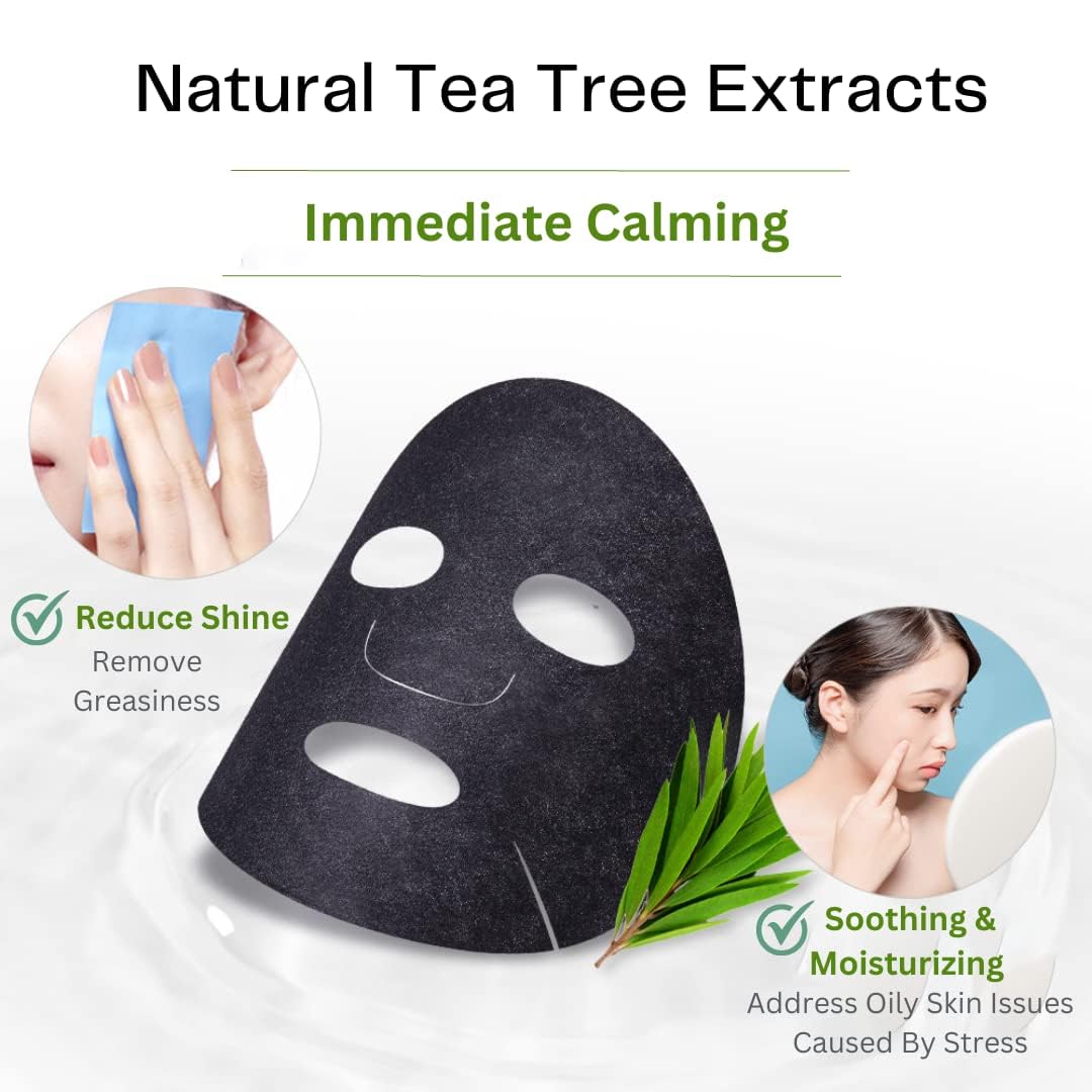 Naruko Tea Tree Shine Control and Blemishe Clear Charcoal Sheet Mask with Salicylic Acid, Witch Hazel, Saw palmetto, Tea Tree oil, Hyaluronic Acid for Acne prone skin, soothing, deep pore cleaning