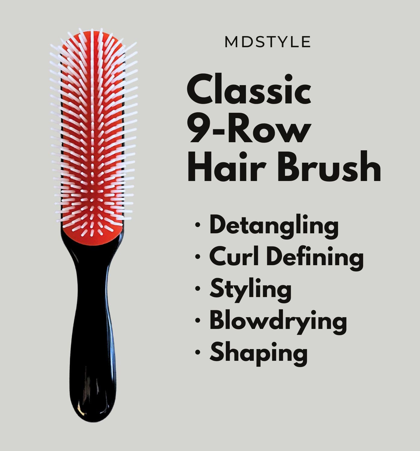 MDSTYLE Hair Brush for Curly, Thick, Wavy and Coily Hair - Curl Defining, Detangling, Styling, Blowdrying, Shaping - 9 Row Detangler Brush for Women and Men - Dry or Wet (Black Regular 1pc & Comb 1pc)