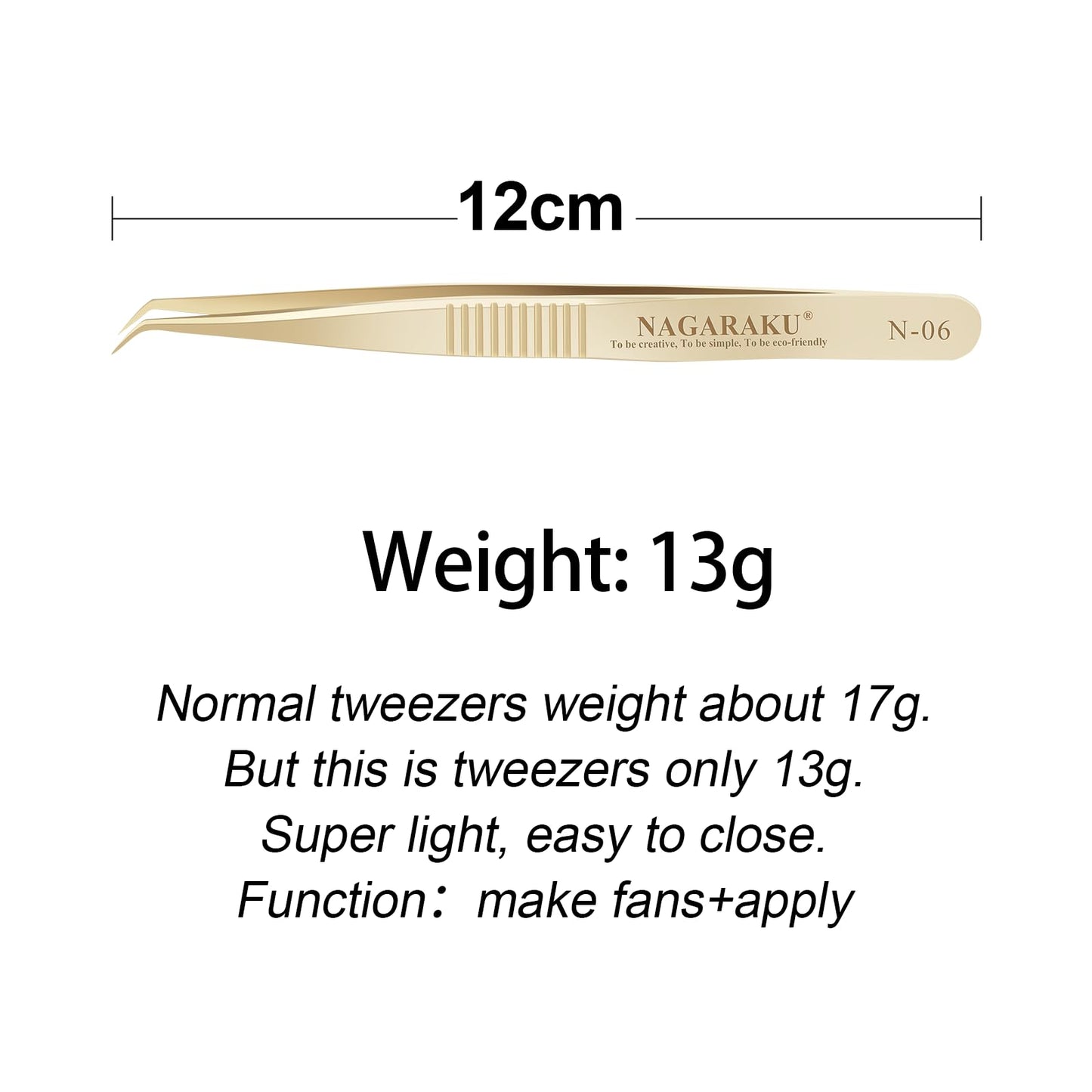 NAGARAKU Gold Tweezers for Eyelash Extensions Curved Angled Volume Cluster Super Light Weight Easy Fanning Tweezers Stainless Steel Precision (N-06)