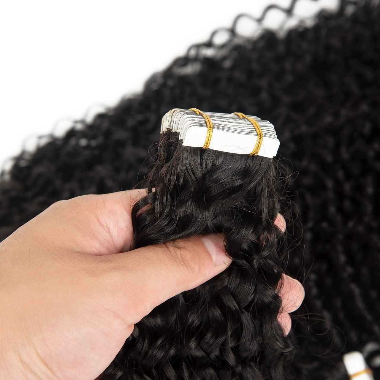 Afro Curly Tape in Hair Extensions Human Hair 18 Inch Seamless Skin Weft PU Tape Ins Remy Hair Tape ins Deep Curly Wave Tapes in Extensions for Short Hair 20pcs/Pack 50G 3-4 Packs for Full Head