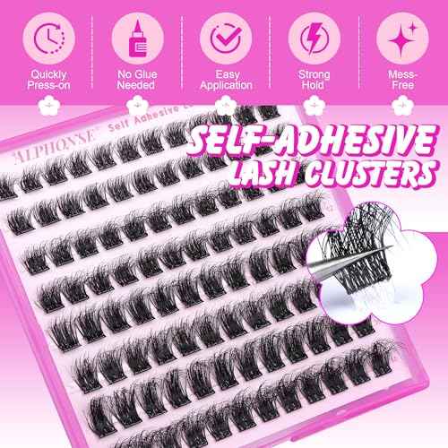 ALPHONSE Self Adhesive Lash Clusters Reusable Self Adhesive Eyelashes Fluffier Press on Lashes Extension No Glue Needed 10-16mm Glueless Lashes Clusters with Tweezers
