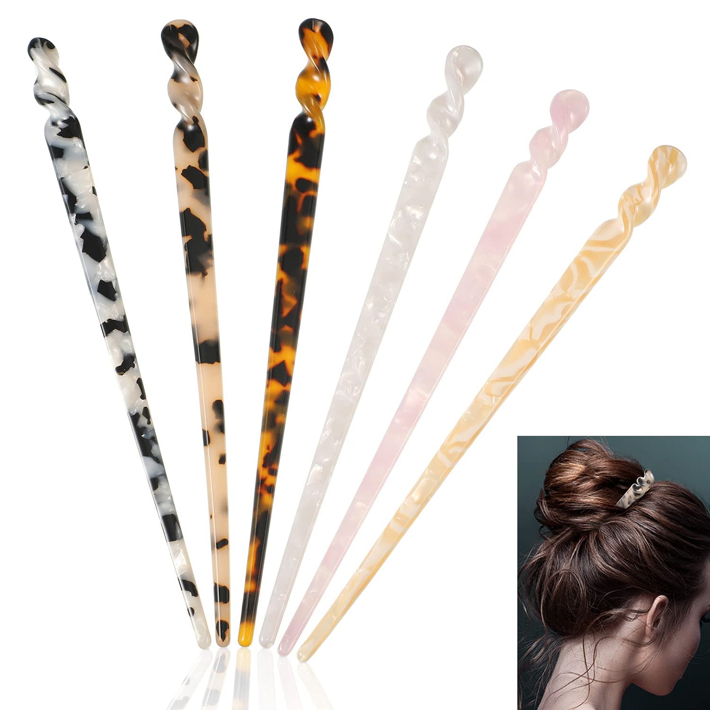 6 Pcs Acetate Hair Stick Tortoise Shell Hairpin Chopstick Hair Accessories Leopard Print Hair Pin Retro Hairpins Disk Hair Stick Hair Styling Pin with Flannelette Bag for Women(Classic Patterns)