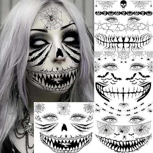 4 Sheets Scary Halloween Face Temporary Tattoos For Women Men, 3D Witch Zombie Makeup Kit For Kids Girls Boys Adults, Dia de los muertos Day of the Dead Makeup Face Tattoos Spider Web Bat Scar