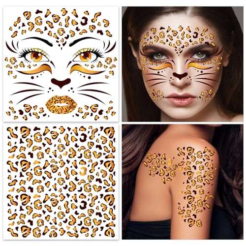 Leopard Print Face Temporary Tattoos - 4 Sheets Halloween Costume