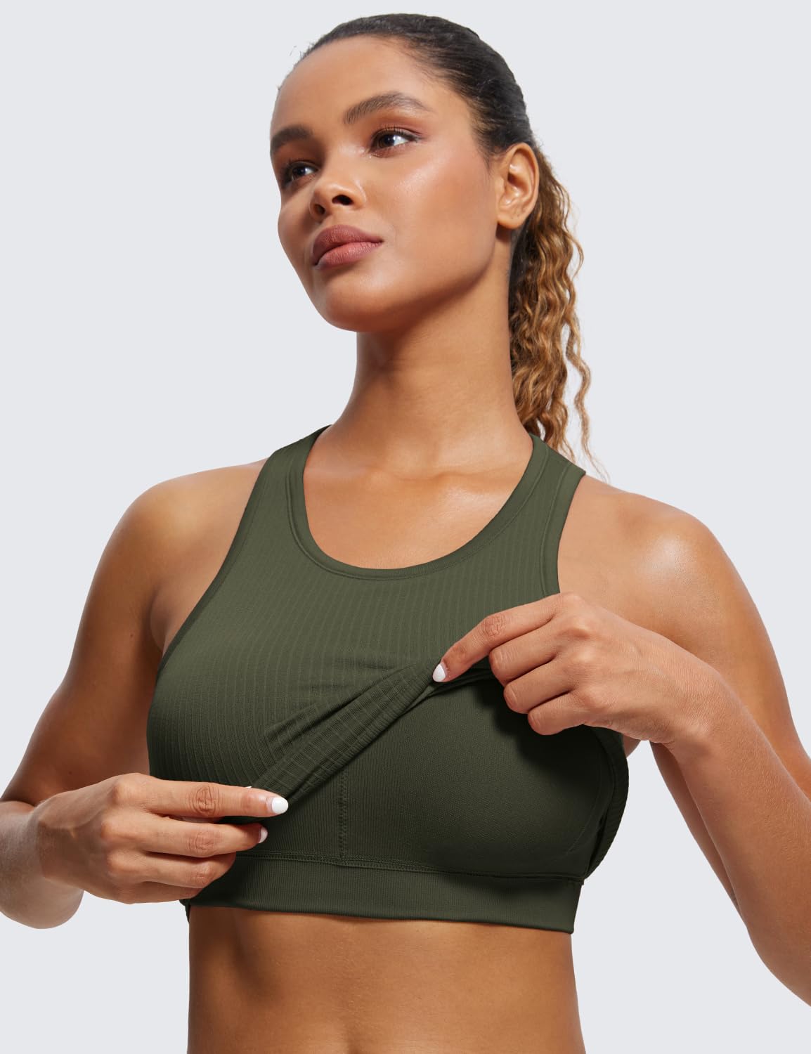 CRZ YOGA Womens Seamless Ribbed Longline High Neck Sports Bra - Racerback Padded Slim Fit Crop Tank Top with Built in Bra Olive Green XX-Small