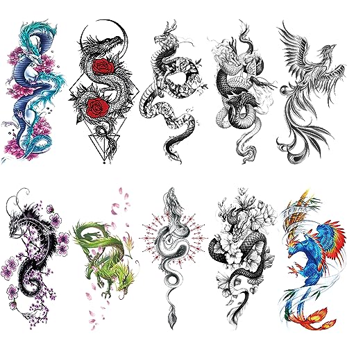 10 Sheet Temporary Tattoos Realistic Floral & Dragon Designs Women
