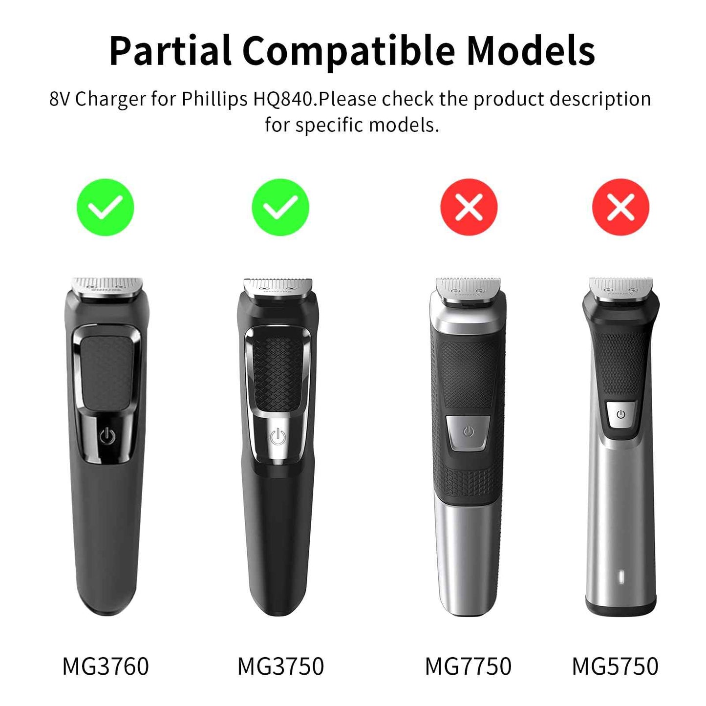8V Charger Compatible with Philips Norelco HQ840 Multigroom Series 3000 MG3750 MG3750/10 MG3750/50 MG3750/60 MG3760 MG3760/50 Electric Shaver Razor Trimmer Power Supply