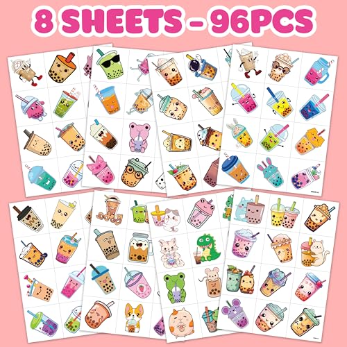 96 PCS Boba Tea Temporary Tattoos for Kids - Party Favors