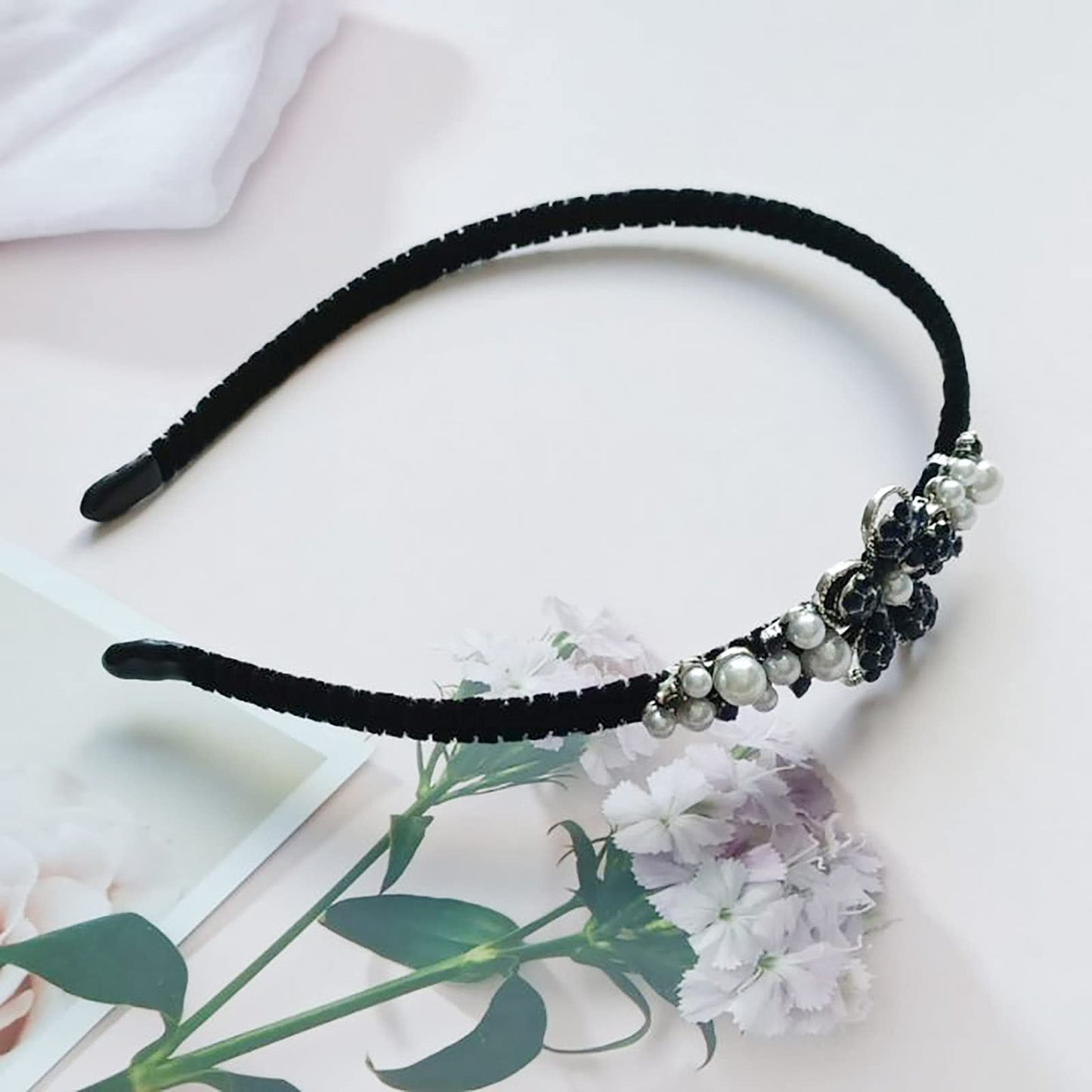 Flower Pearl Rhinestone Headband for Women Vintage Bow Mental Headband Crystal Hair Hoops Band Headpiece Accessories (Flower)