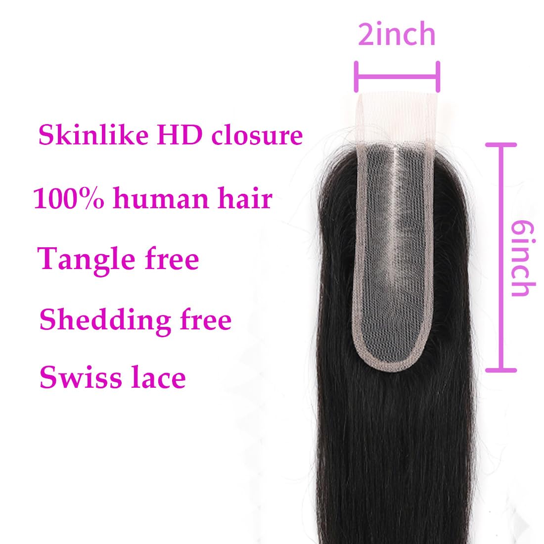 2x6 HD Transparent Skinlike Human Hair Lace Closure Straight 14inch 100% Brazilian 2x6 Closure Virgin Human Hair Kim K Middle Part Closure Closure Straight Natural Black Glueless Pre Plucked Bleached