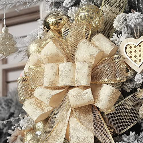 Christmas Tree Topper Bow, 44X12 Inch Artificial Xmas Tree Flower Topper Decor, for Family, Wedding, Birthday Party, Indoor Outdoor Thanksgiving Christmas Decoration - Gold/Snowflake.