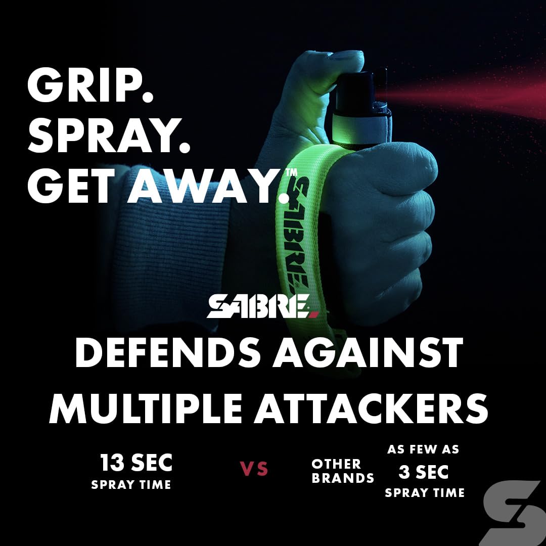 SABRE Runner Pepper Gel for Self Defense with Adjustable LED Hand Strap for Running, Always On or Flashing Light, Ambidextrous Fit, Max Strength 35 Bursts, Protect Against Multiple Threats, 0.67 fl oz