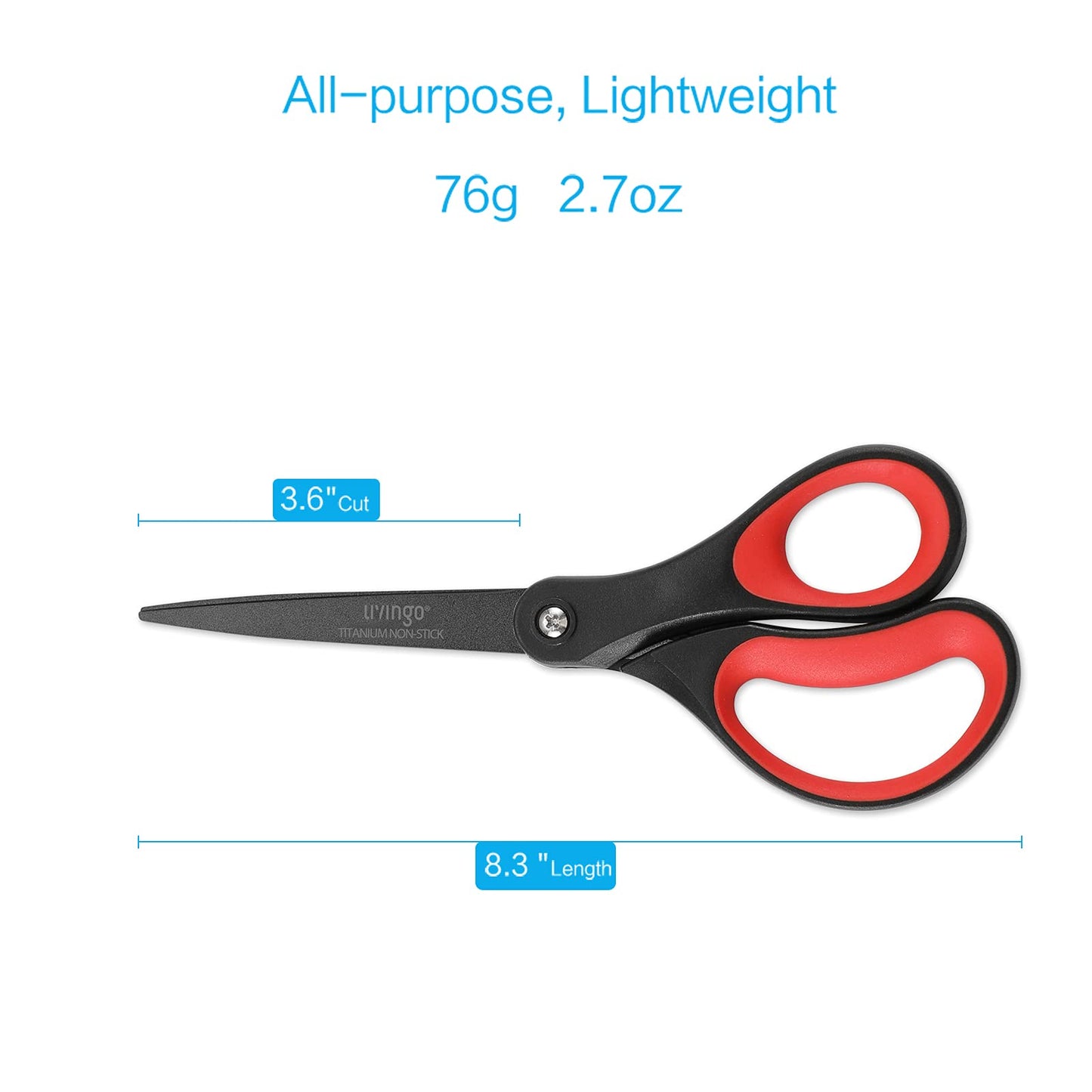 LIVINGO 2 Pack 8" Titanium Non-Stick Scissors, Professional Stainless Steel Comfort Grip, All-Purpose, Straight Office Craft Scissors for DIY(Red/Black)