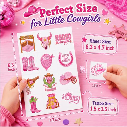 96 PCS Cowgirl Temporary Tattoos for Kids - Western Party Favors