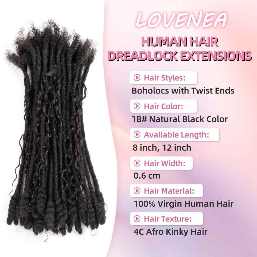 Lovenea 0.6 cm Human Hair Dreadlocks with Twist Ends 12 inch 10 Strands Boholocs Human Hair Handmade Dreadlock Extensions Natural Black Color Can Be Dyed Bleached Curled (1B#, 12 Inch-10 Strands)