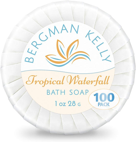 BERGMAN KELLY - Hotel Soap Bars in Bulk - Tropical Waterfall, 1 oz, 100 PK - Small Individually Wrapped Round Soap - Travel Size Mini Toiletries for Airbnb, Motel, Guest Bathroom