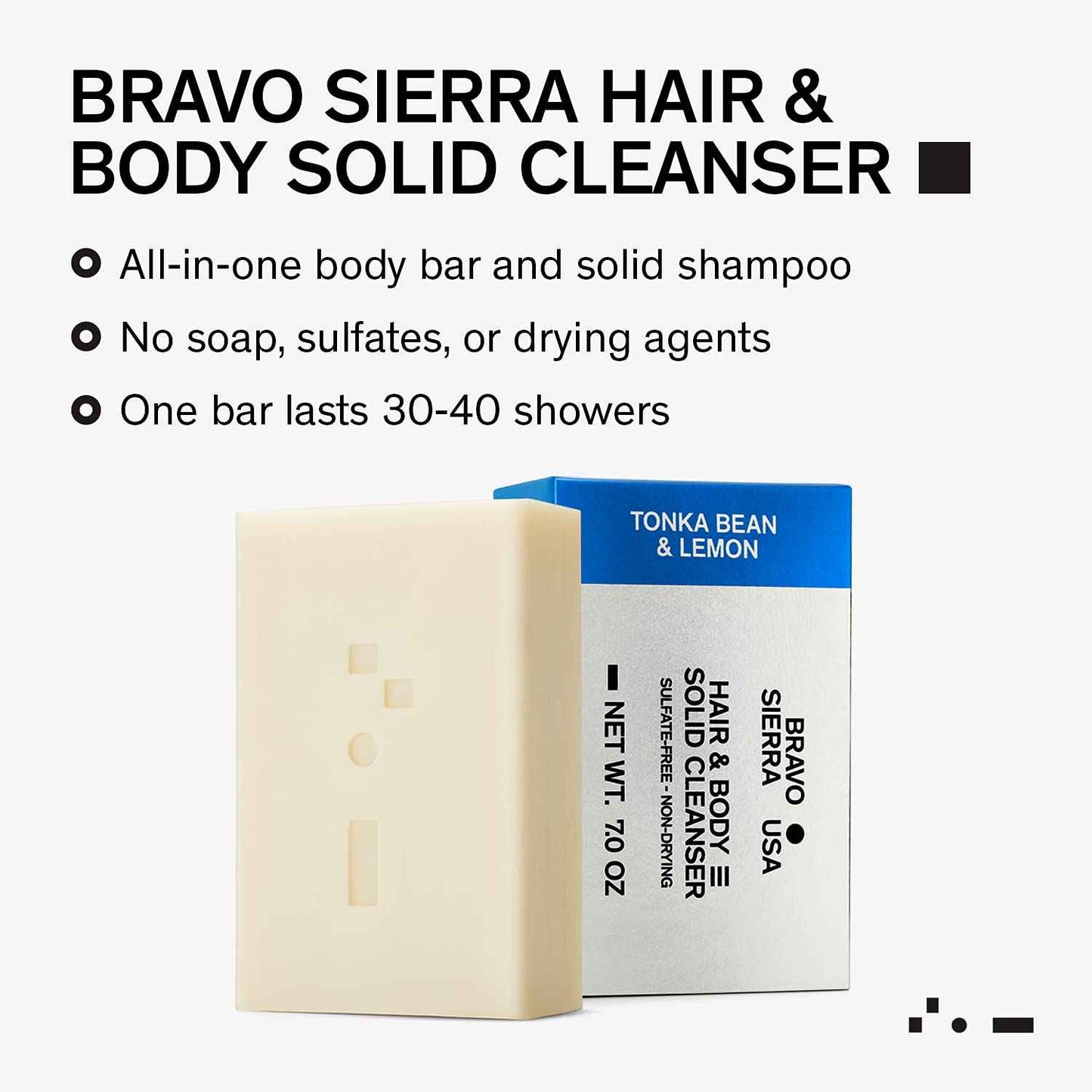 Bravo Sierra Body and Hair Mens Soap Bar, 2-Pack - All-In-One Shampoo & Soap for Face, Hair & Body - Tonka Bean & Lemon, 7 oz - Coconut, Shea Butter & Oat Flour for Soft Skin & Healthy Hair