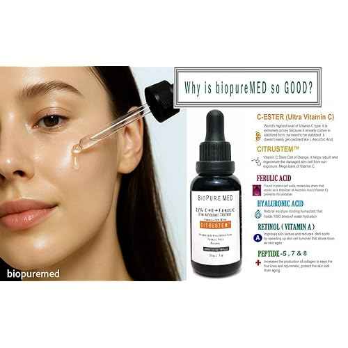 BioPureMED 25% Vitamin CE+Ferulic Acid Serum for Face: Anti Wrinkle Serum with Tripeptide-5, Retinol 22, Hyaluronic Acid Best Organic Korean Skin Care Formula Vitamin C Serum/Face Moisturizer