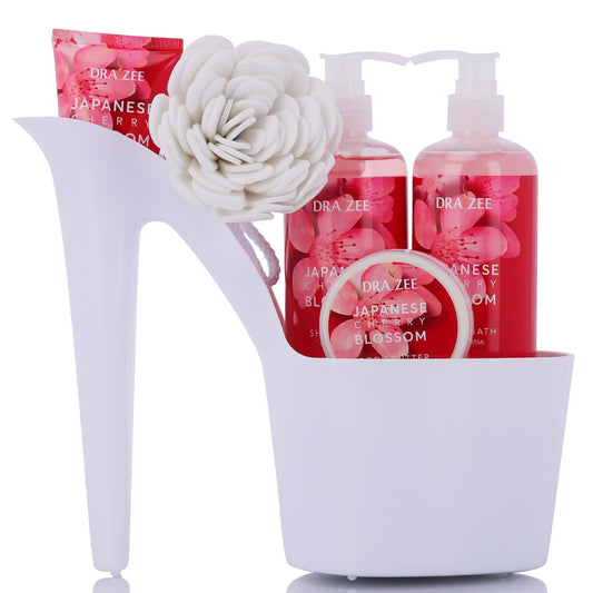 Spa Gift for Women - 5 Pcs Luxury Heel Shoe Spa Basket for Women Cherry Blossom Home Relaxation Set w/ Body Lotion & Butter, Shower Gel, Bubble Bath - Birthday, Self Care Gifts for Women by Draizee