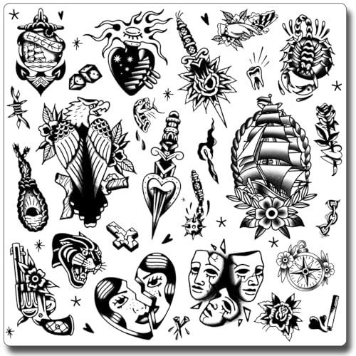 CHARLENT Black Vintage Temporary Tattoos - 9 Sheets Old School Designs