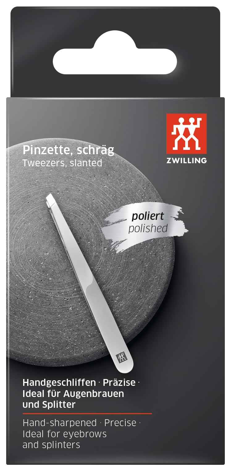 ZWILLING Slant Tweezer (plucking eyebrows, removing splinters, hand-finished, roughened tips), Polished, Silver, 3.5 inch
