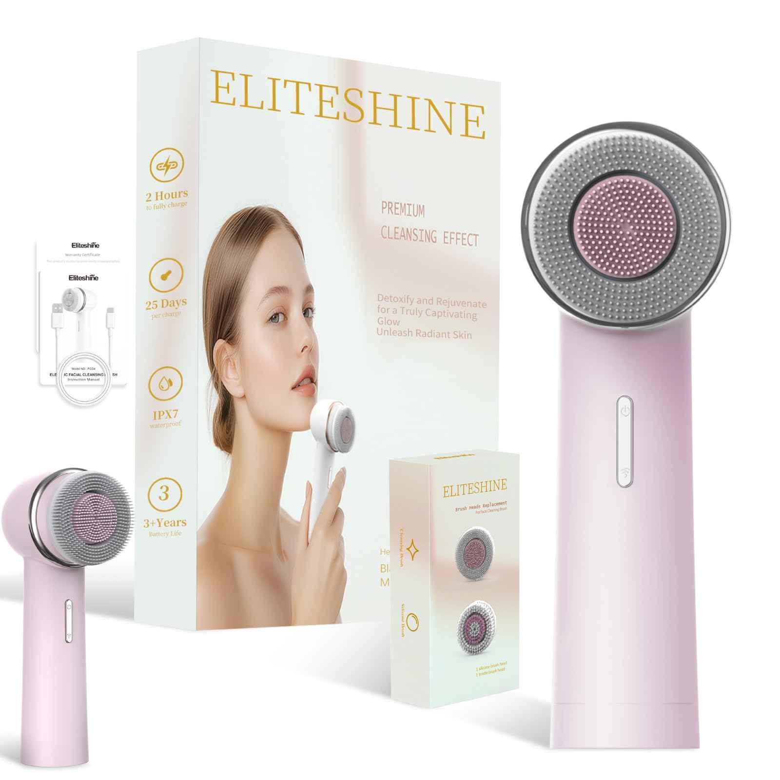 Eliteshine Electric Facial Cleansing Brush with Dual-Rotating Silicone and Bristle Brushheads,Electric Silicone Face Scrubber Exfoliator,Face Cleansing Brush, Rechargeable, for Face Skin Issues,Pink