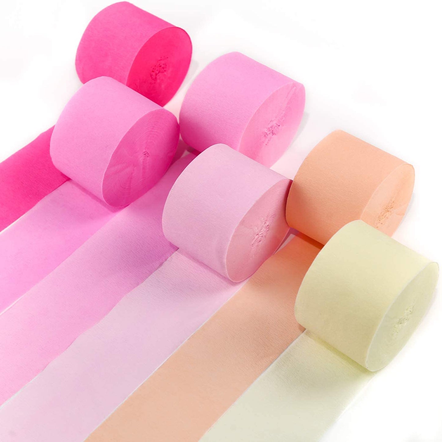 PartyWoo Crepe Paper Streamers 6 Rolls 492ft, Pack of Pink, Hot Pink, Peach and Yellow Party Streamers for Birthday Decorations, Party Decorations, Wedding Decorations (1.8 Inch x 82 Ft/Roll)