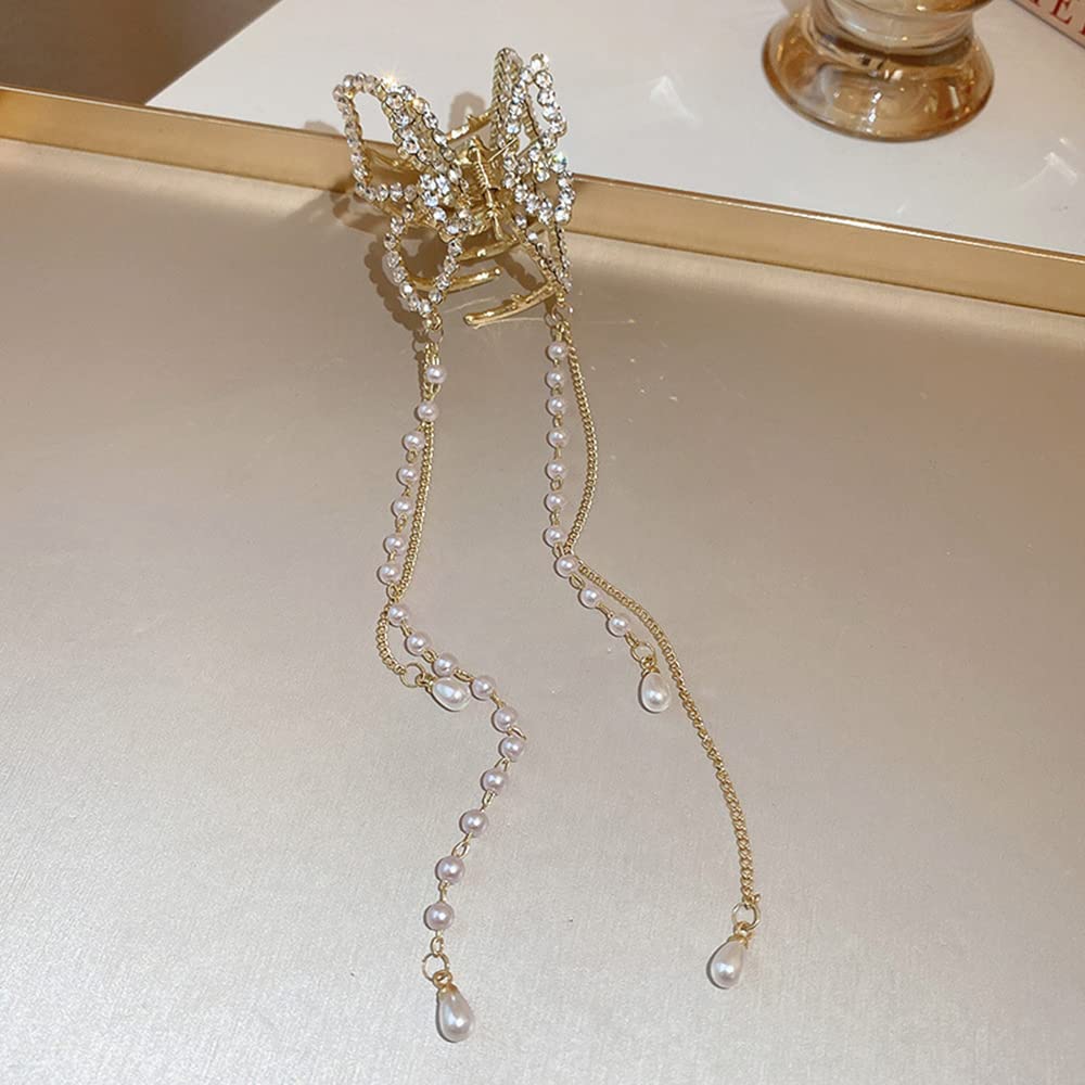 Jumwrit Gold Butterfly Hair Claw Clip Strong Hold Metal Hair Clip Pearl Chain Tassel Hair Claw Rhinestone Hair Clamp Fashion Hair Clip for Women Girls