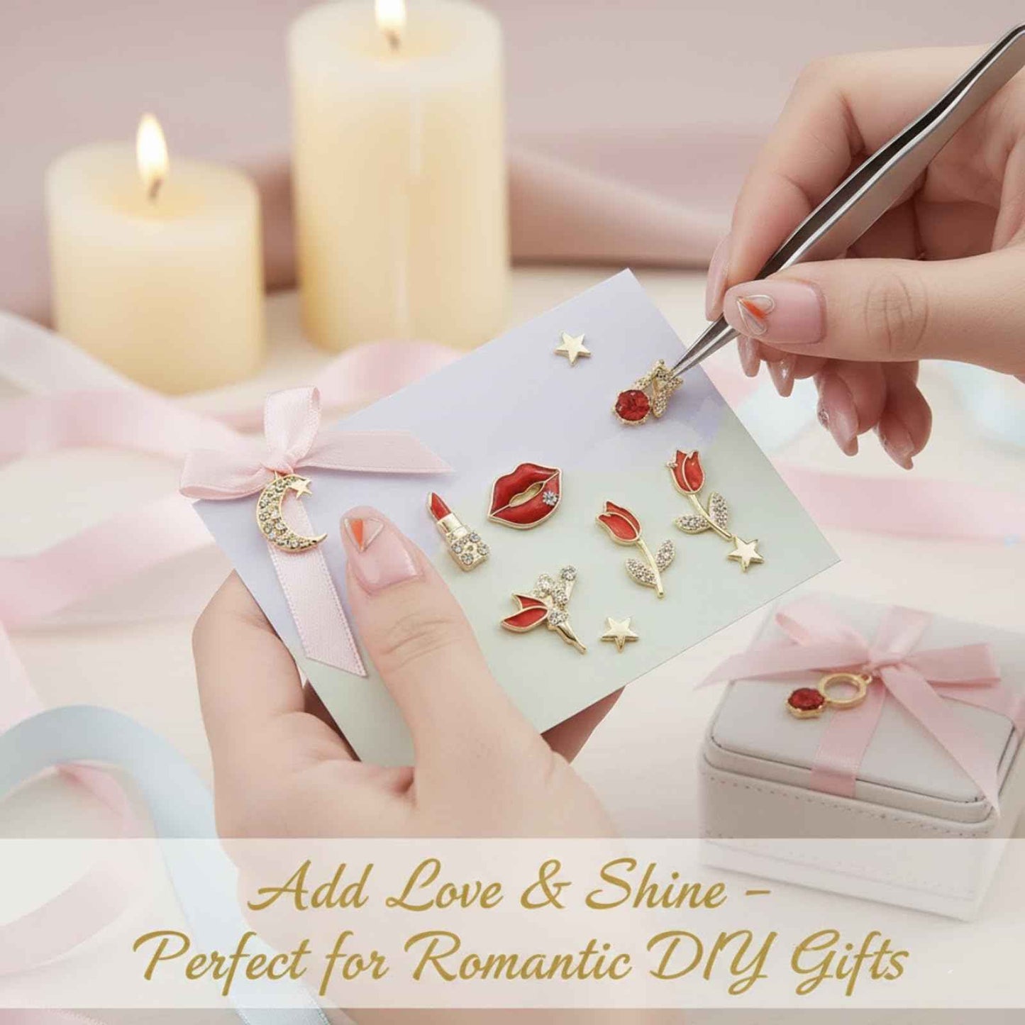 Pizadix 100 Pcs Gold Red Nail Charms Y2K with Lipsticks, Wine Bottles, Wine Cups, Lips, Tulips, Stars, High Heels, Perfume Bottle