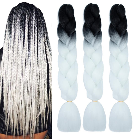 Braiding Hair Ombre Black to White Kanekalon Braid Hair Extensions Hot Water Setting High Temperature Synthetic Fiber 24 Inches(B33-3Pack)