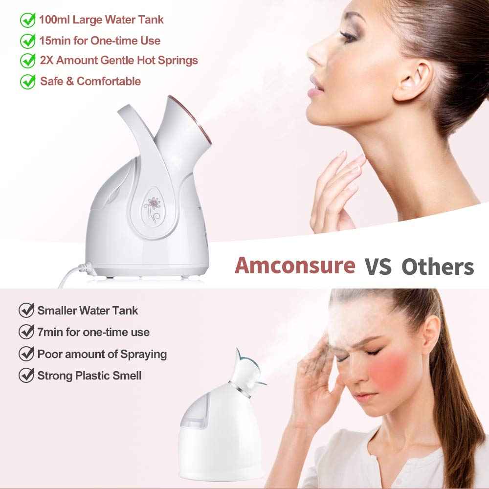 Facial Steamer, Amconsure Nano Ionic Face Steamer for Home, 100ML Warm Mist Humidifier for Women Moisturizing, Unclogs Pores-Bonus Stainless Steel Skin Kit and 2 Face Scrubbers