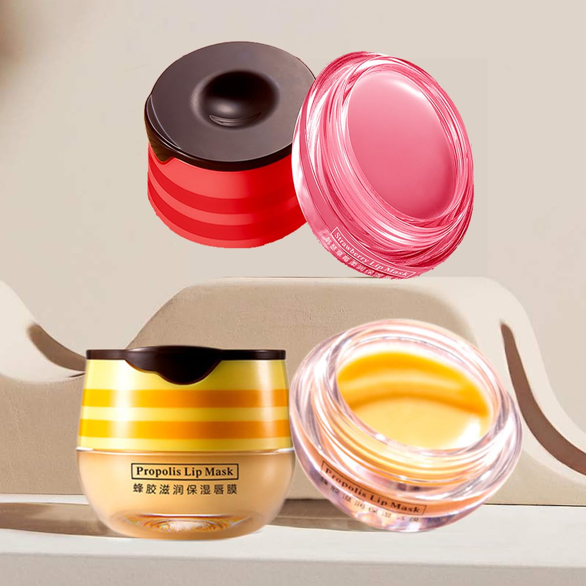 WFWJ 2 Pcs Lip Balm Honey Pot,Honey & Strawberry Lip Mask Propolis Moisturizing Lip Balm with Stick,Prevention Dry and Cracked Lip Scrubs,Exfoliator Lip Wrinkle Skin Care Products