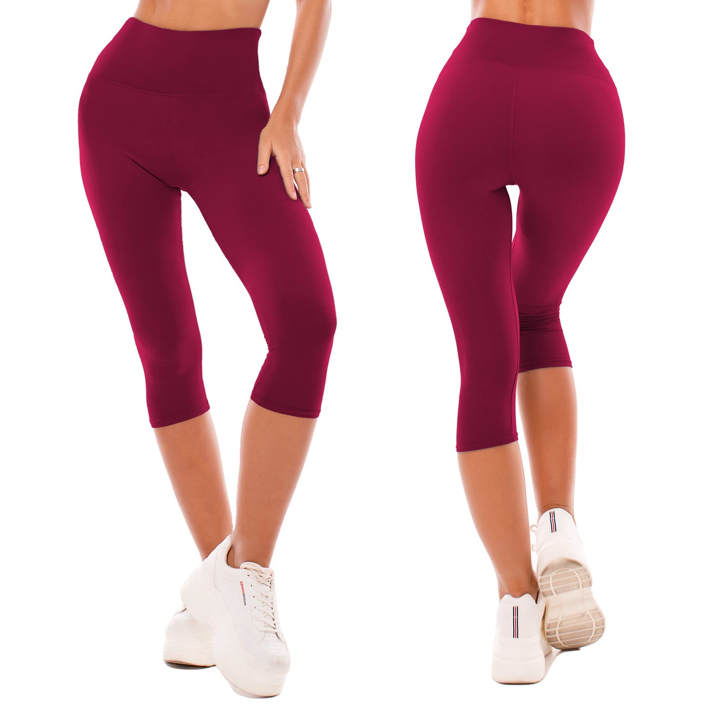 SINOPHANT High Waisted Leggings for Women - Full Length Capri Buttery Soft Yoga Pants for Workout Athletic(Capri Burgundy,S-M)