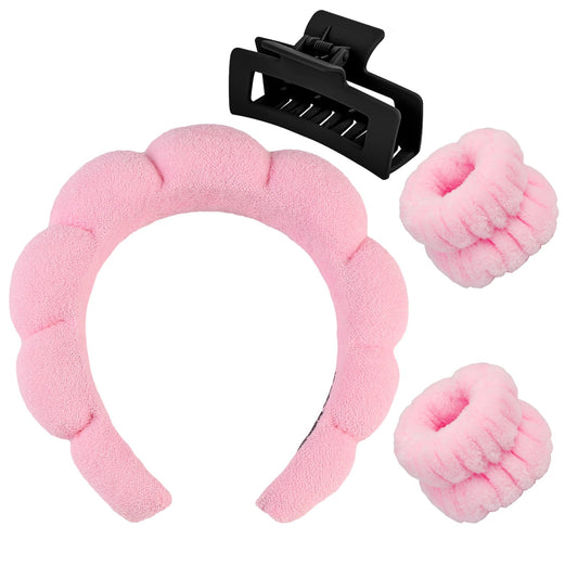 Fancylovesotio 4 Pack Spa Headband and Wristband Set Skincare Headband for Washing Face with Hair Claw Clip Sponge Bubble Puffy Terry Cloth Skin Care Headband Cute Stuff Hair Band