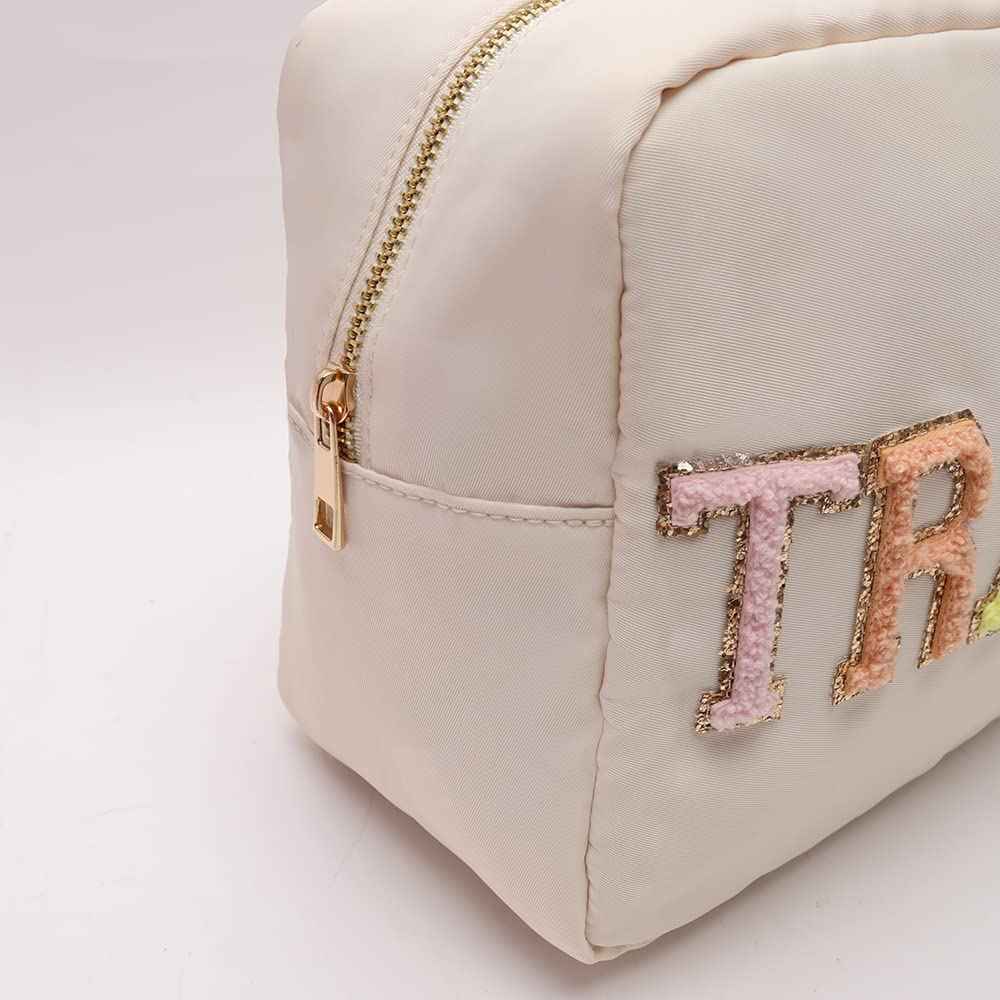 Kaymey Extral Large Cosmetic Bag Makeup Pouch Bag Case Nylon With Chenille Letter Patches (Beige#TRAVEL, XL)