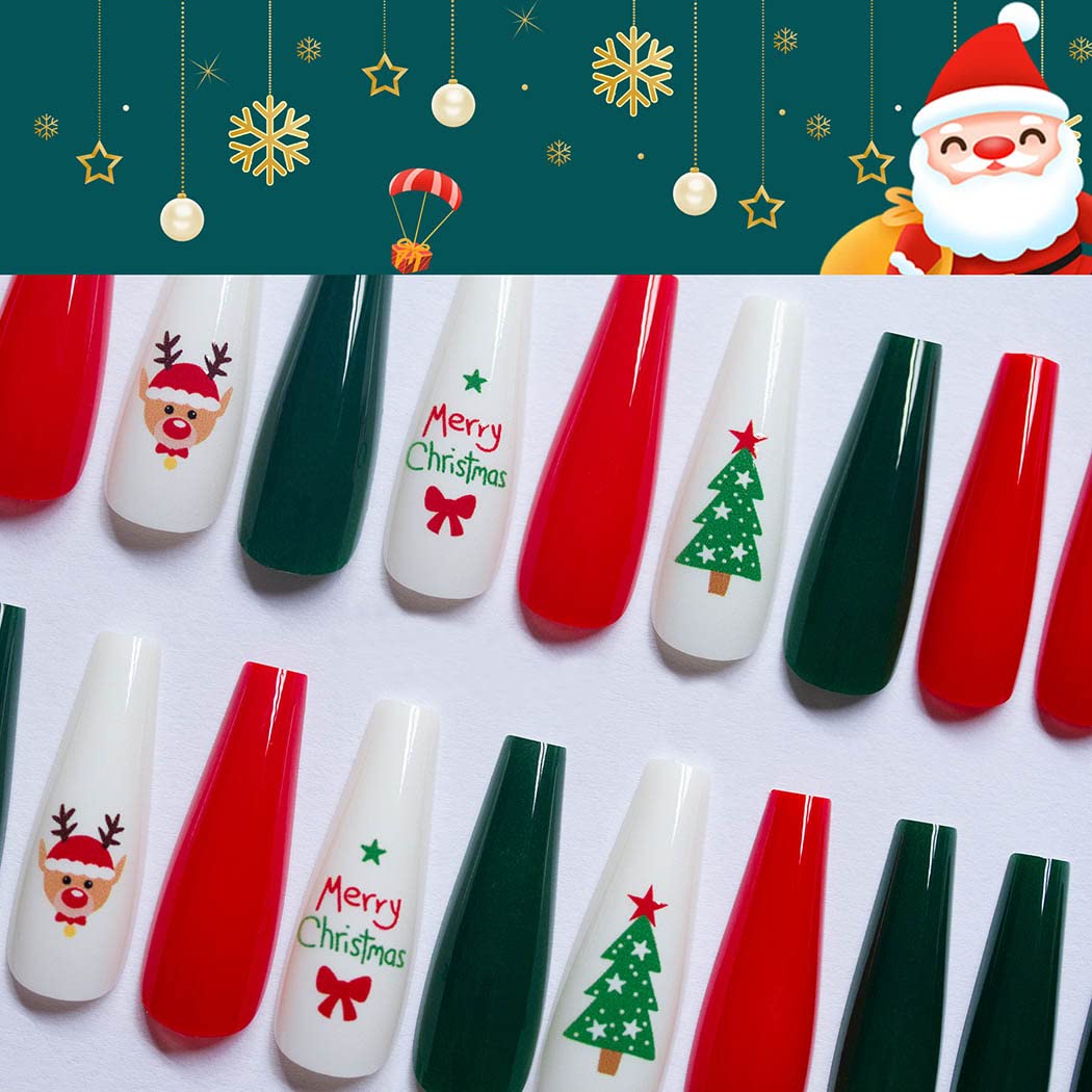 Uranian Coffin Extra Long Press on Nails Snowflake Red Christmas Fake Nails Elk Ballerina Glossy Full Cover False Nails Santa Claus Acrylic Nails Tips for Women and Girls 30 PCS (Pattern-A)