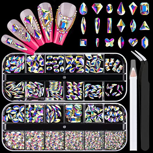 Colorful Face Gems for Makeup Set, Flatback Gorgeous Clear Gems, Mixed-Colored Crystals with Tweezer+Picker Pencil+Makeup Glue+Dual-End Dotting Tool for Eye Hair Body Make-up and Nail Art Deco