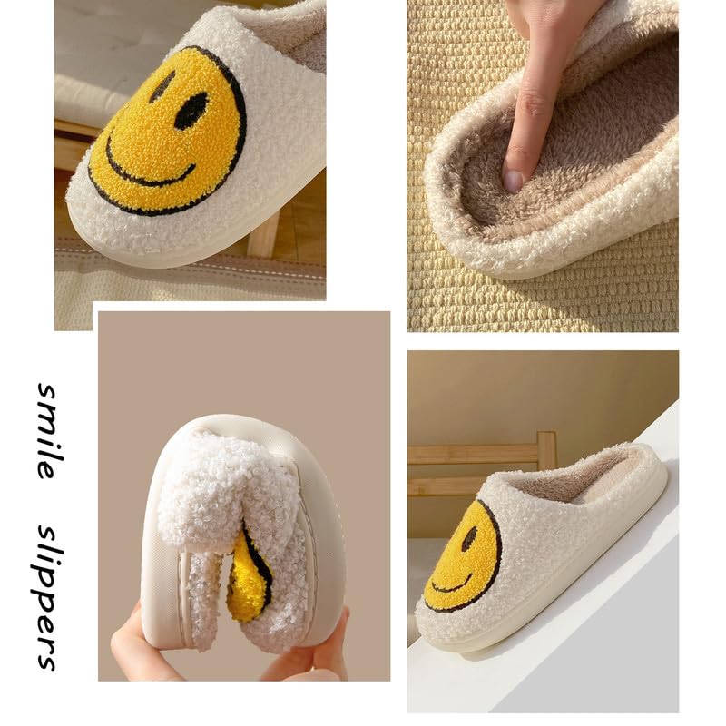 Geibiu Cute Smile Slippers for Women, Retro Soft Plush House Slippers, Warm Cozy Fuzzy Fluffy Happy Face Slippers,Slip-on Indoor Outdoor Preppy Slippers Shoes,Black Yellow