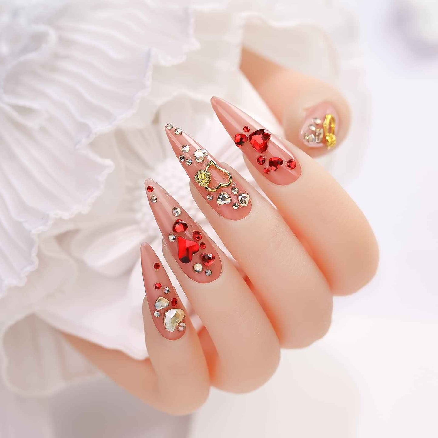 767pcs Red Heart Nail Art Charms Love Gems Glitter Valentines Decoration 3D Red Gold Round Beads Flatback Diamonds Design Rose Nail Studs Jewel Craft Clothes Shoes Supplies for Women
