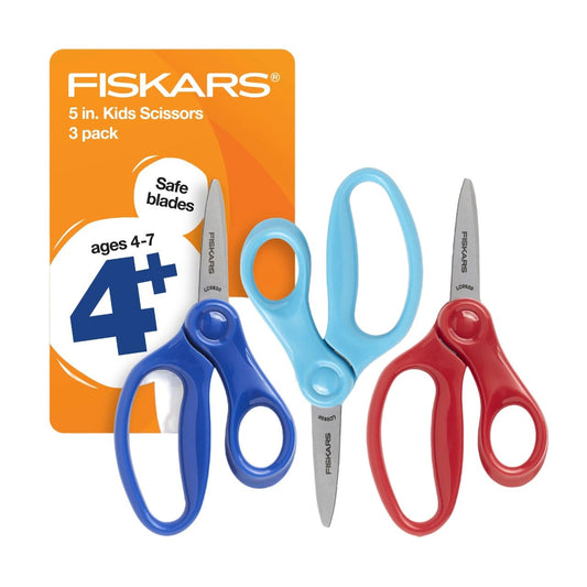 Fiskars 5" Pointed-Tip Scissors for Kids 4-7 (3-Pack) - Scissors for School or Crafting - Back to School Supplies - Red, Blue, Turquoise