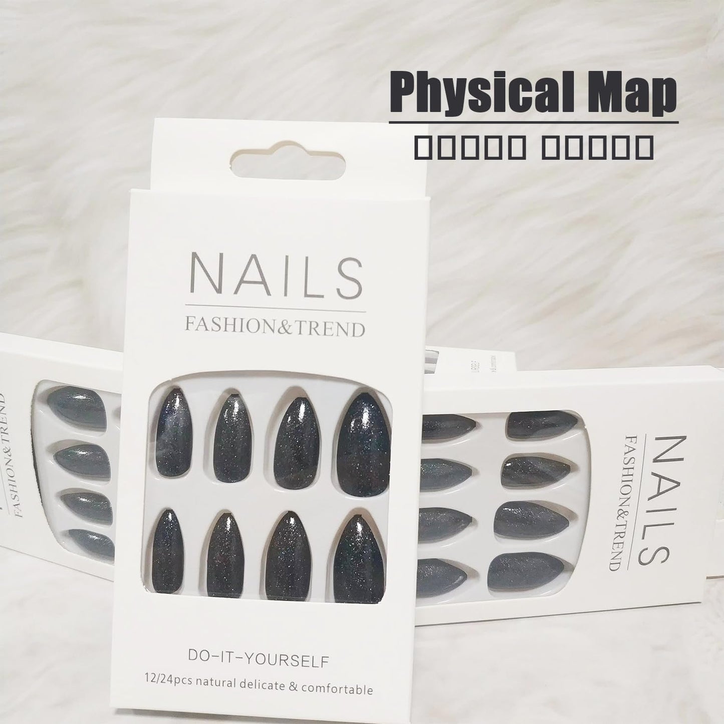 UV Press on Nails Medium Almond Shape, Fake Nails with Sparkly Designs, Glossy Black Glitter False Nails Gel Nails Full Cover Acrylic Nails with Glue Stick on Artificial Fingernails for Women Girls