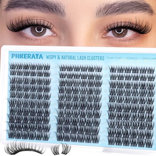 PHKERATA Wispy Lash Clusters Natural Eyelash Extensions C Curl (10-16mm, 36/54 Pcs)