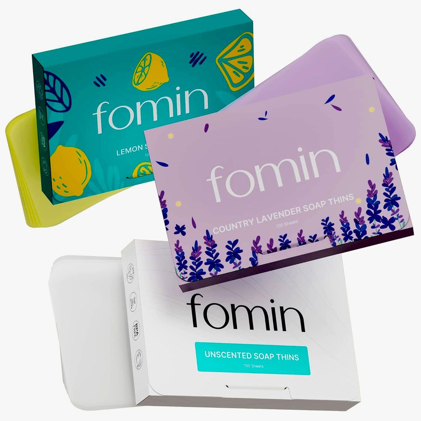 FOMIN - Antibacterial Paper Soap Sheets for Hand Washing - (300 Sheets) Lemon, Lavender, Unscented Travel Soap Sheets, Dissolvable Camping Mini Soap, Portable Hand Soap Sheets