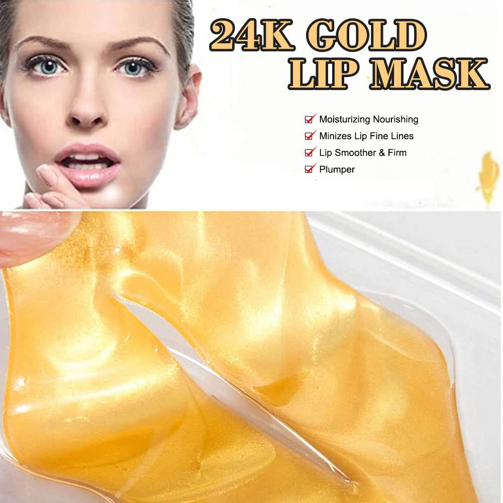 24K Golden Crystal Lip Masks 30 Pieces Hydrating Lip Plumper Mask Collagen Nourishing Lip Care Gel Pads Remove Dead Skin Anti Chapped & Anti-Aging Lip Patches