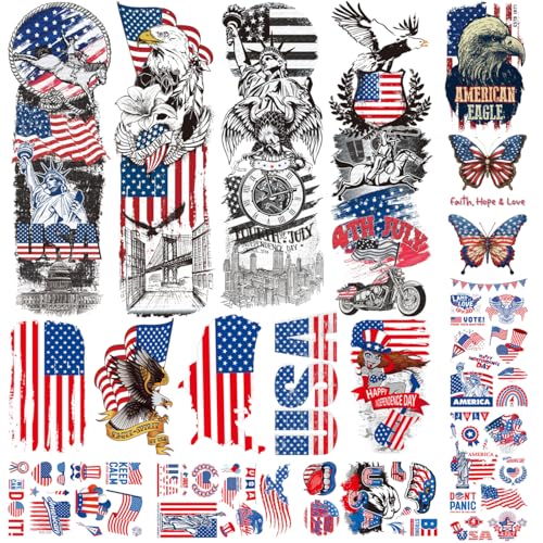 4th of July Temporary Tattoos - 16 Mixed American Flag Designs