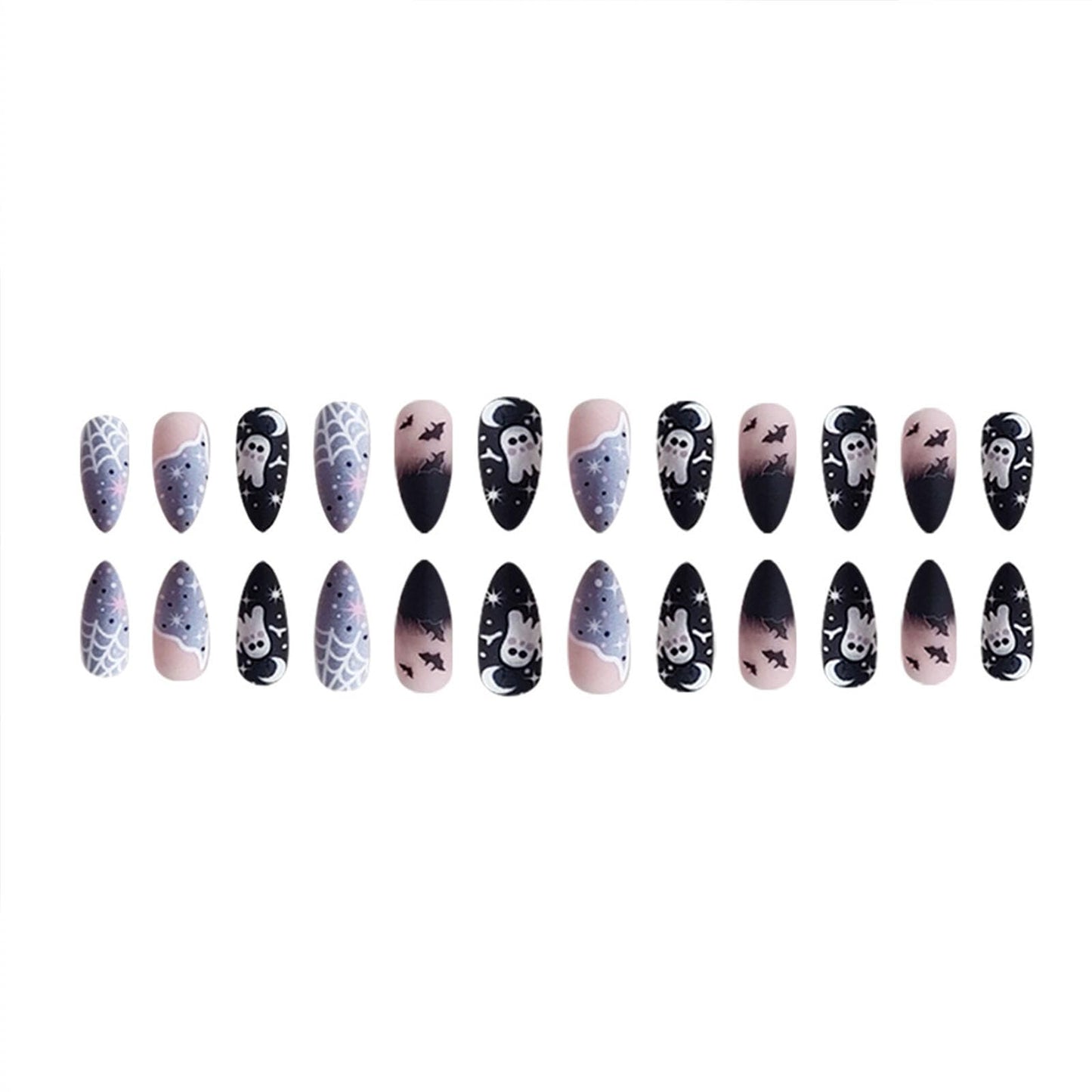 Halloween Press on Nails Almond Medium Fake Nails Black French Matte Spiderweb False Nails with Ghost Bat Designs Glue on Nails Artificial Acrylic Stick on Nails for Women - 24Pcs