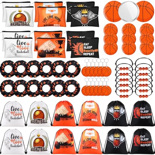 75 Pieces Basketball Team Gifts Set Includes 12 Pcs Makeup Bag 12 Ball Drawstring Bags 12 Hair Ties 12 Bracelets 12 Pcs Compact Mirror 12 Keychains(Orange Color,Basketball)
