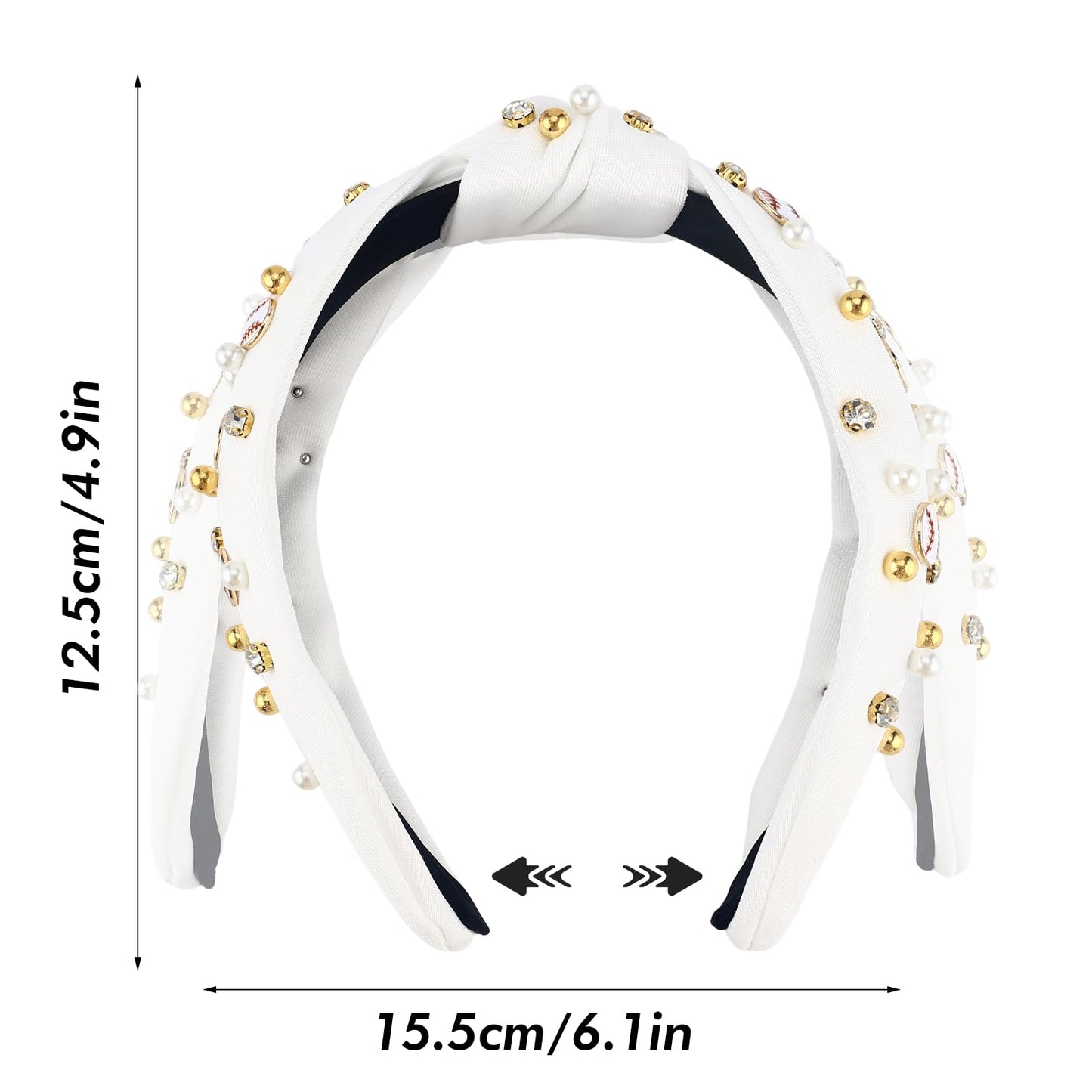 Zkptops White Baseball Headbands for Women Knotted Pearl Rhinestone Bejeweled Headband Wide Top Baseball Jeweled Embellished Cute Non Slip Turban Game Day Crystal Hair Accessory Sports Charm Fan Gift